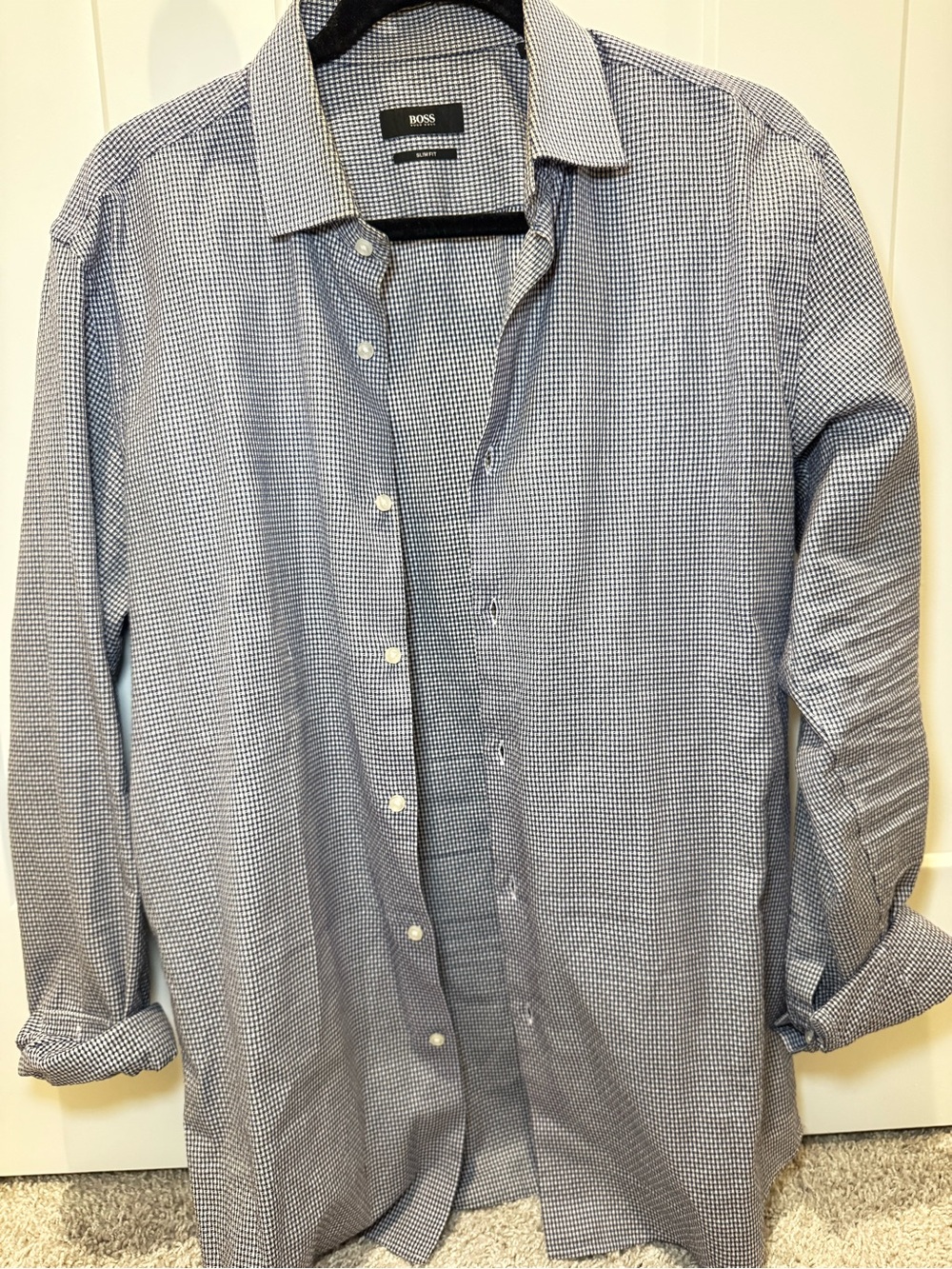 BOSS Men's Navy & White Micro-Check Dress Shirt